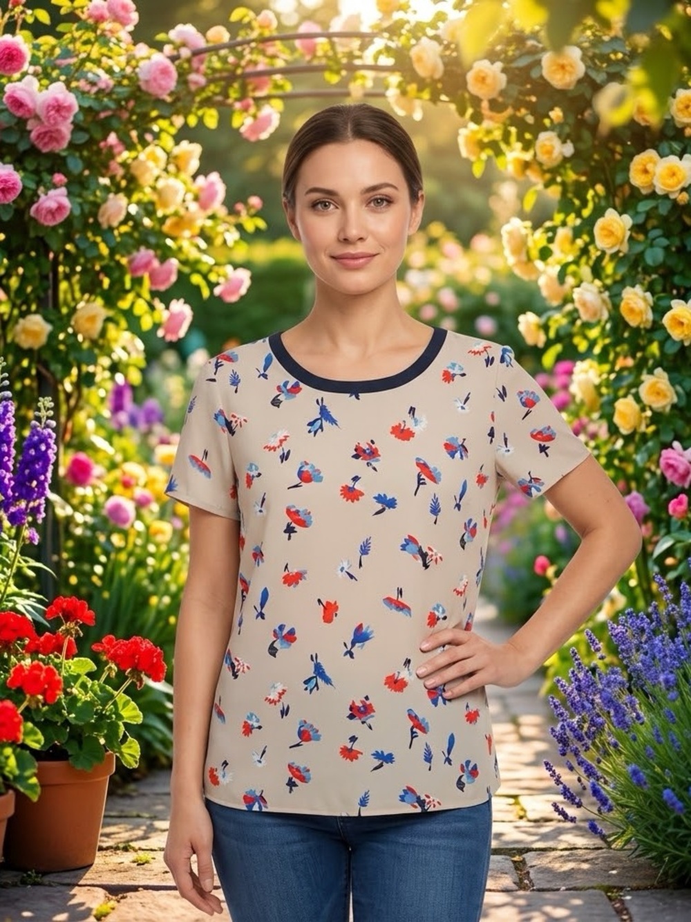 Talbot Beige Floral Print Short Sleeve Top with Navy Trim Women blouse Shirt